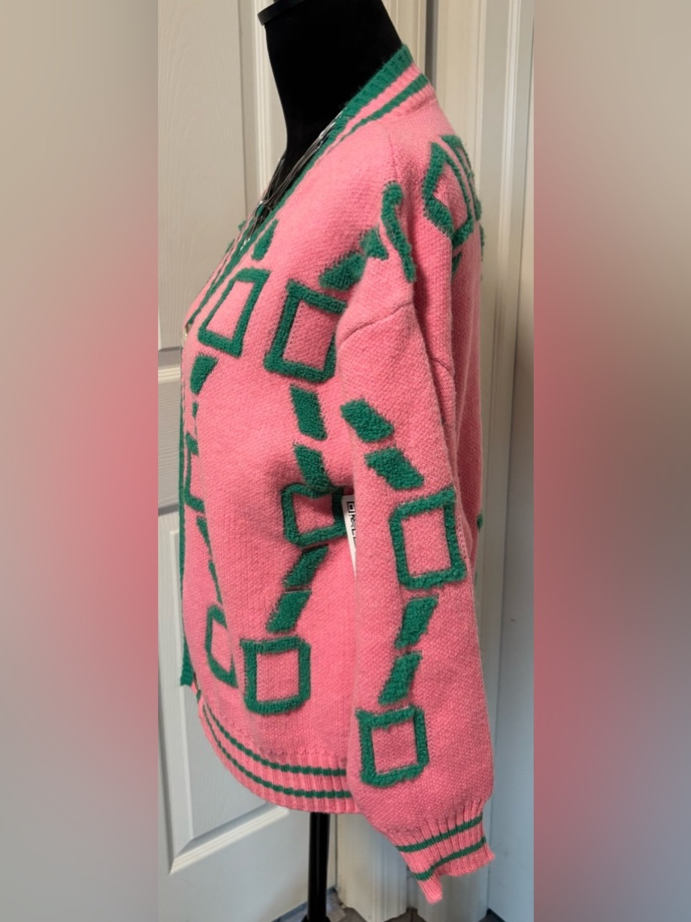 NWT Hallie Pink and Green Geometric  Pattern Cardigan Sweater - Picture 3 of 8